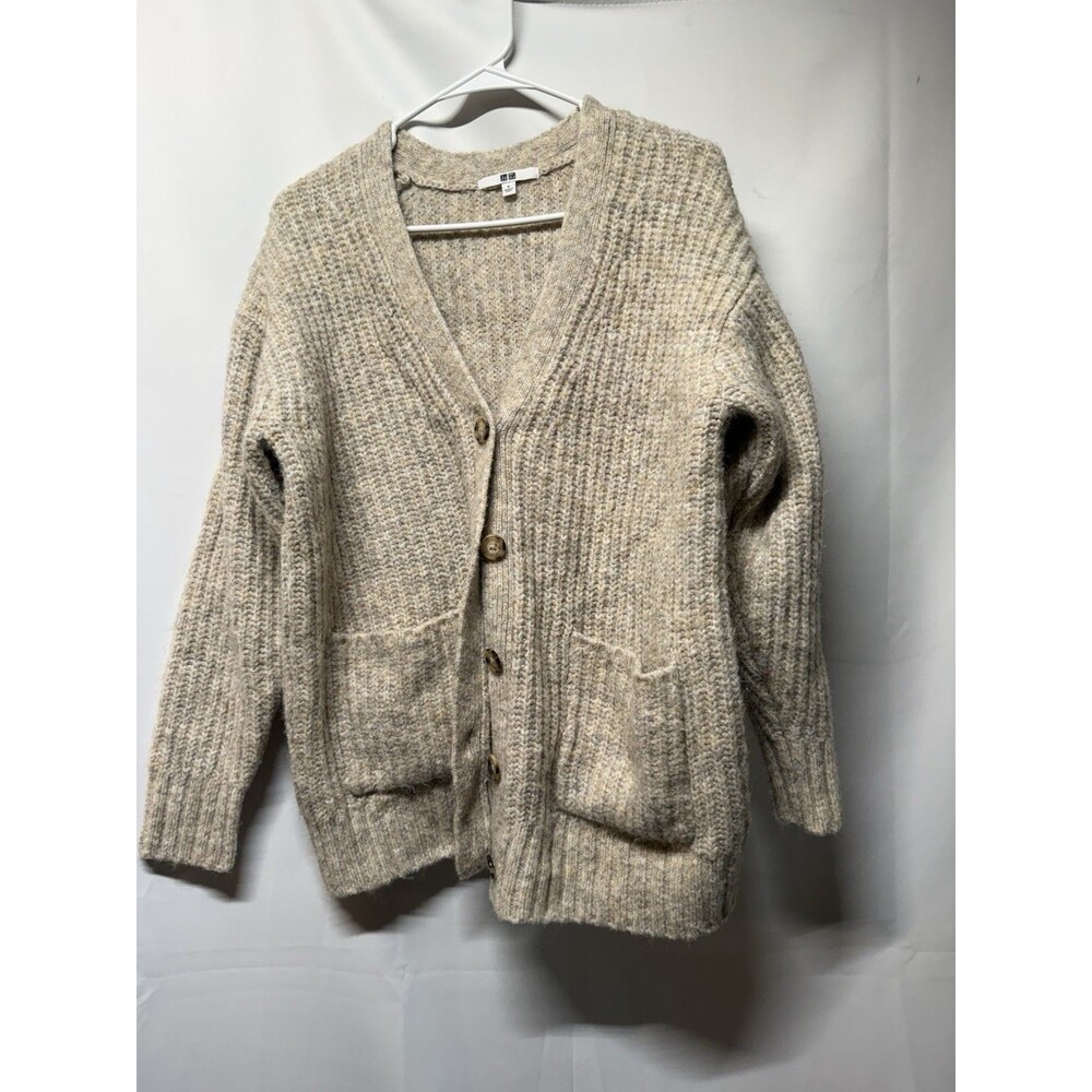 Uniqlo Souffle Yarn V-Neck Cardigan Sweater Womens Small Beige Ribbed Pocket